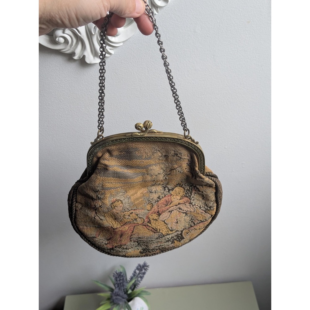 Vintage 1950s Tapestry Purse Rococo Courting Scene Rosebud Clasp Bag